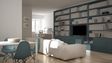 Fototapeta na wymiar Modern living room with workplace corner, big bookshelf and dining table, minimal white an blue architecture interior design