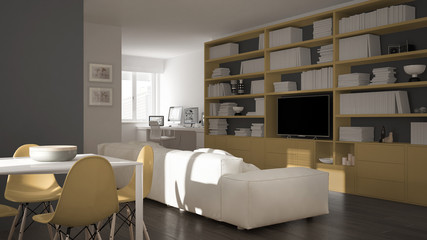 Modern living room with workplace corner, big bookshelf and dining table, minimal white and yellow architecture interior design