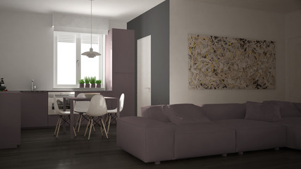 Modern living room with kitchen in a cozy open space apartment, white and red architecture interior design