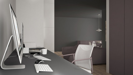 Modern workplace in minimalist house, desk with computers, keywords and mouse, cozy white and red architecture interior design