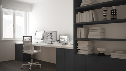 Modern workplace in minimalist house, desk with computers, big bookshelf, cozy white and gray architecture interior design