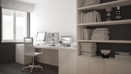 Modern workplace in minimalist house, desk with computers, big bookshelf, cozy white and gray architecture interior design
