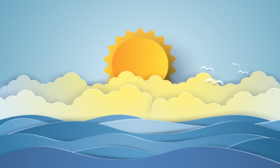 Seascape , blue sea with flock of birds , cloud and sun , paper art style