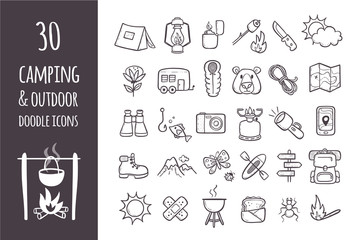 Camping and hiking equipment doodle icons set. Collection of 30 forest and camping elements in hand drawn style. Outlined icons isolated on white background. Vector illustration.