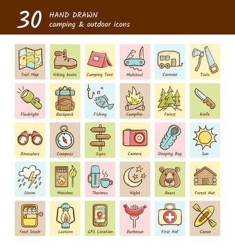 Hand drawn camping and hiking icons with text description below. Caravan, fishing, campfire, lantern, compass... Vector illustration.