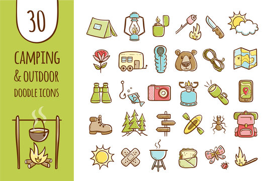 Camping and hiking equipment icons. Collection of 30 forest and camping elements in hand drawn style. Vector isolated on white background.