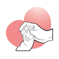 hand holding kid hand over pink color heart vector illustration