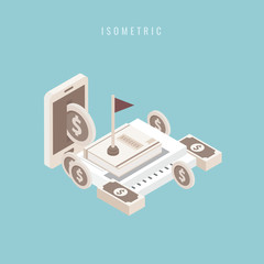 Isometric accounting composition with isolated images of accountant workspace elements money coins Vector marketing on blue background