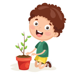 Vector Illustration Of Kid Planting