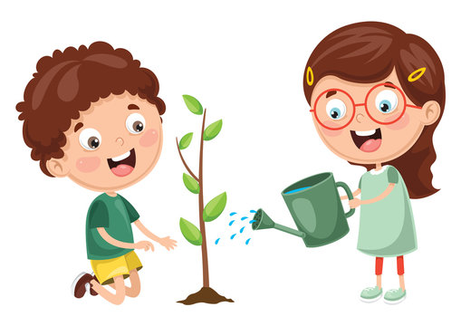 Vector Illustration Of Kids Planting