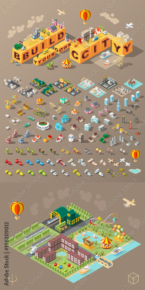 Aufkleber build your own city . set of isolated minimal city vector elements on dark background