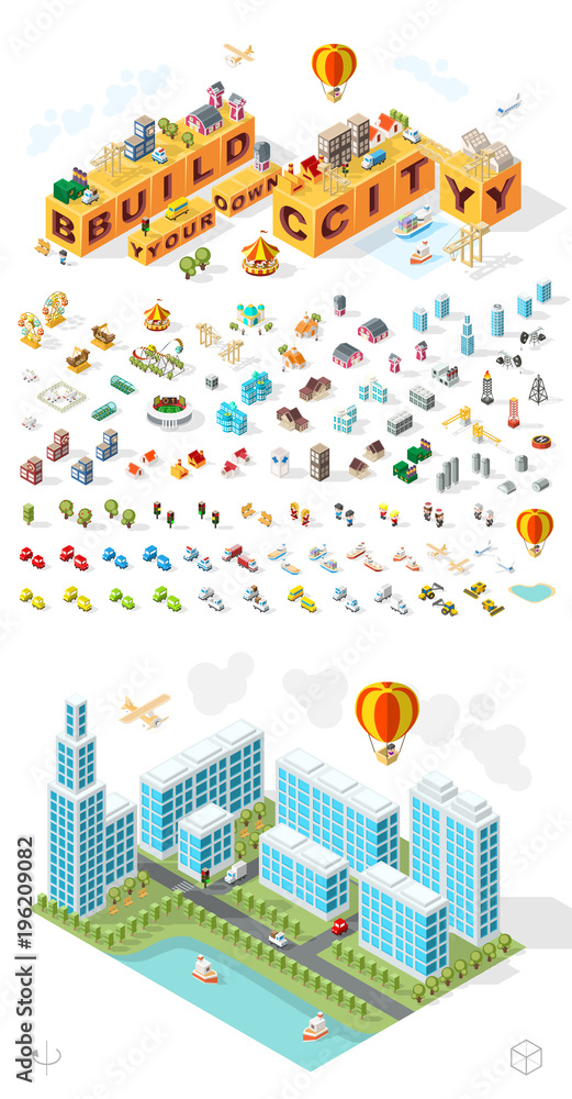 Poster build your own city . set of isolated minimal city vector elements on white background