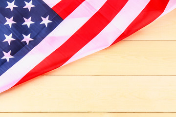 American Flag Over Whitewashed Wood Background For United States Holidays.
