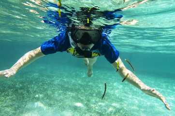 Teenager in a mask and a tube under the water