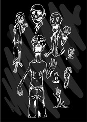 Hand drawn doodle vector Zombie set on Chalkboard eps10