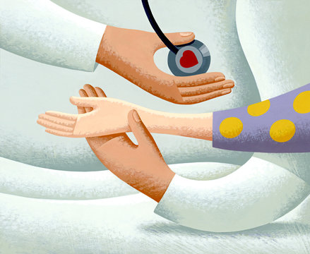 Illustration of doctor checking pulse of patient
