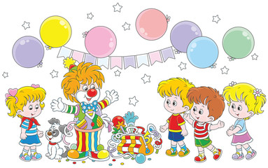 Obraz na płótnie Canvas Friendly smiling circus clown in a colorful suit with his pup, toys and balloons playing with small children, a vector illustration in a cartoon style