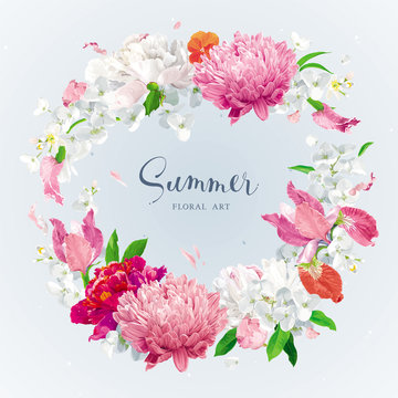 Red, pink and white spring and summer flowers vector wreath