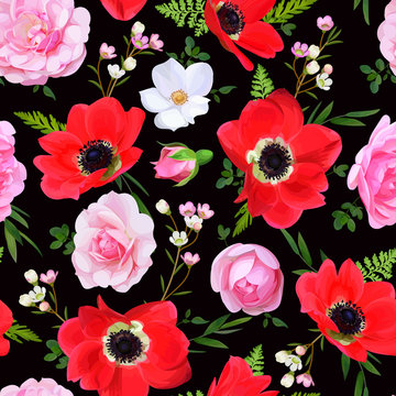  Seamless floral pattern with red anemones © Maria