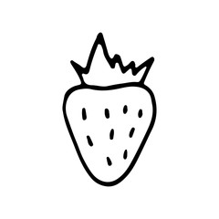 Linear cartoon hand drawn strawberry. Cute vector black and white doodle strawberry. Isolated monochrome strawberry silhouette on white background.