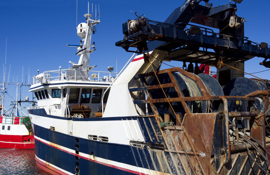 Laesoe / Denmark: Modern stern trawler in the fishing port of Oesterby Havn