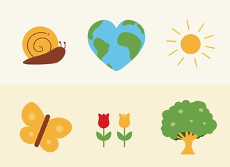 earth and nature elements, butterfly, snail, sun, tulips vector illustration