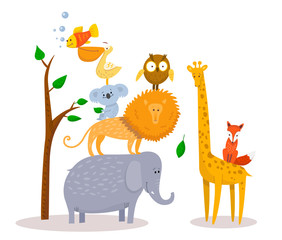 Cute funny cartoon animals Lion, giraffe, elephant, fox, owl.