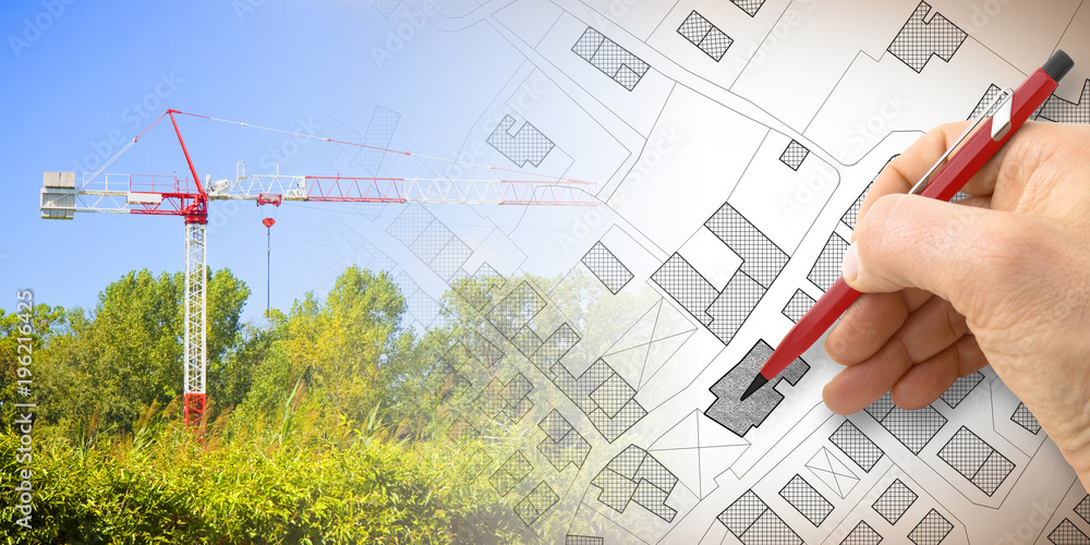 Aufkleber building a new city - concept image with and drawing an imaginary cadastral map of territory with bu