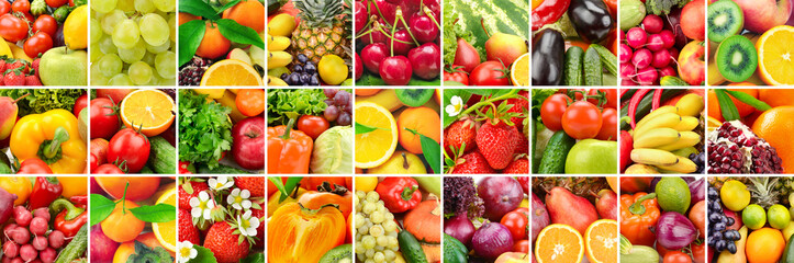 Lot images fruits, vegetables and berries in frame.