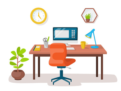 Empty modern workplace office interior. Vector image