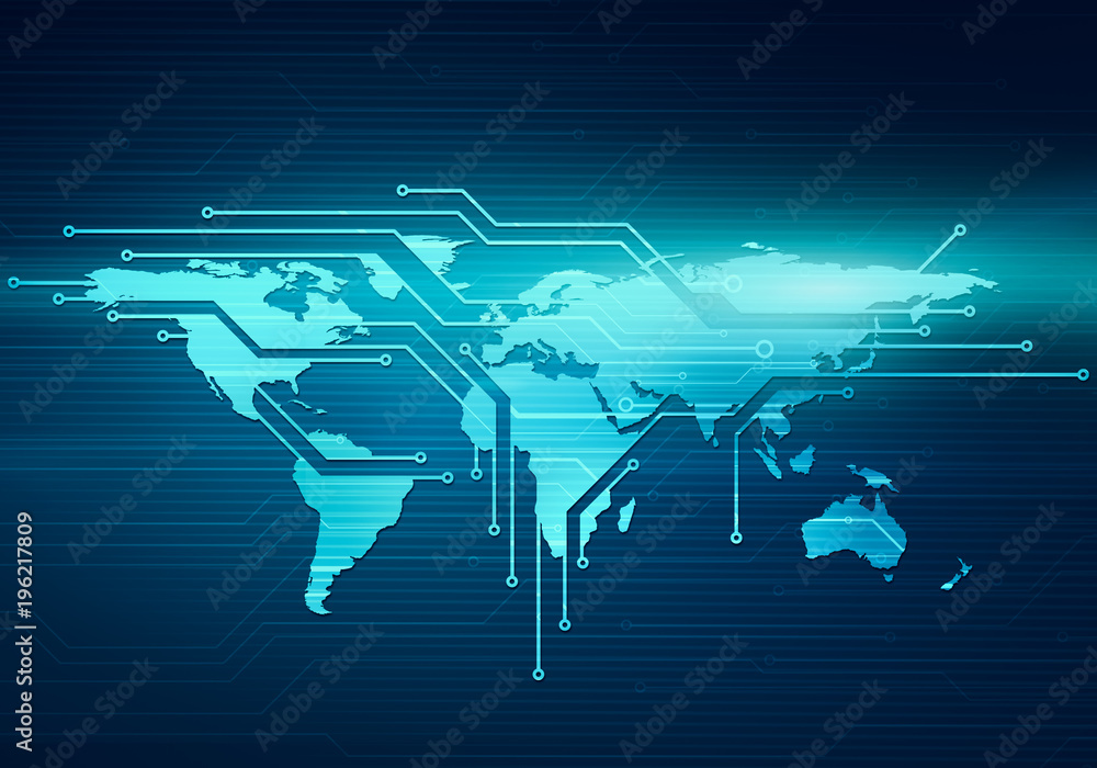 Poster abstract digital illustration of world connection, concept image of circuit microchip background for