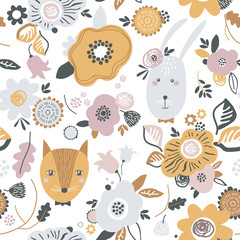 Childish seamless pattern with bunny, fox and floral elements. Good for fabric, textile, wrapping paper.