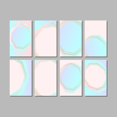 Fototapeta premium Set of Trendy Chic pastel colored cards with Gold geometric shapes. Abstract unusual textures for wedding invitation cards, business cards, fashion headers, posters, artistic backgrounds. Vector