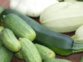 Squashes and patisons on a wooden terrace.