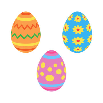 Colorful painted traditional easter eggs, vector graphic illustration. Set of three easter eggs, isolated.