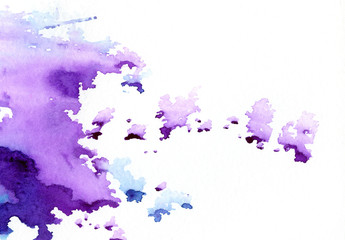 Fototapeta na wymiar Bright violet blue watercolor stains, blot with splashes. Hand painted colorful watercolor background for banner, print, template, cover, decoration