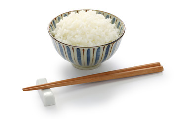 Fototapeta na wymiar gohan, cooked white rice, japanese staple food isolated on white background