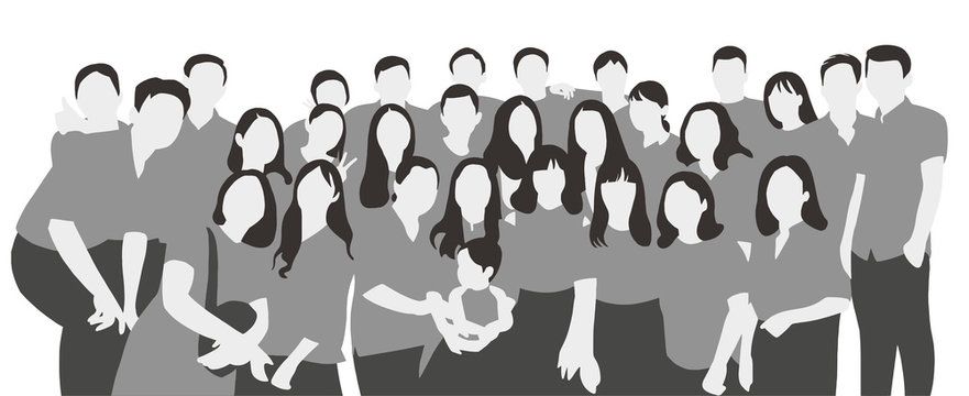 Flat illustration of young people, friends, classmates, students, colleagues, family posing for group photo