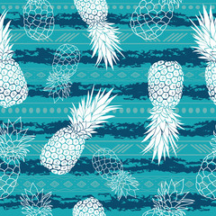 Vintage grunge pineapples and stripes vector background seamless repeat pattern. Summer colorful tropical textile print.