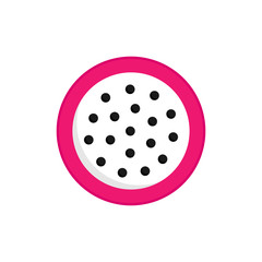 Cute simple dragon fruit vector flat icon. Pink dragon fruit with white flesh and black dots like pits, isolated.