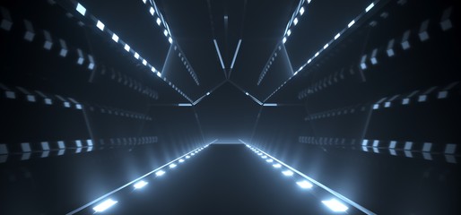 3D Rendering Realistic Dark Corridor With Lights On Floor