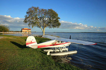 Seaplane parked and ready to takeoff at Wooten Park in Tavares, Florida, USA.