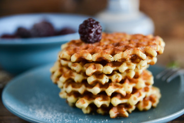 Round waffles with fresh blackberries and icing sugar on wooden background rustic