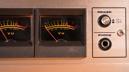 VU meters of an old Reel to Reel Tape recorder close up 