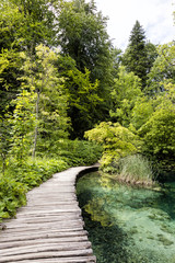 Turquoise colored lake with wooden pier in Plitvice Lakes National Park in summer in Croatia