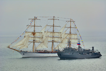 Fototapeta na wymiar Degaussing ship next to the Sailing one