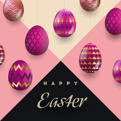 Fashionable geometric background and luxurious gold with pink Easter eggs. Opening to the celebration of Easter.