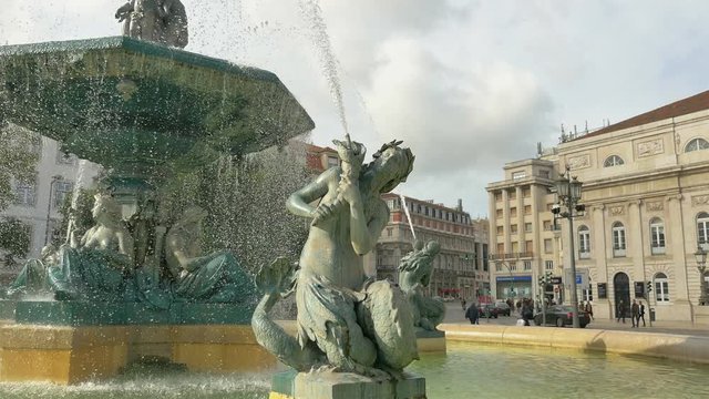 Video of fountain on the Rossio Square in Lisbon, Portugal in 4K