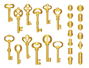 Vintage gold keys and keyholes collection.