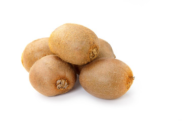 Five whole kiwifruit isolated on white background. Ripe fresh kiwi fruit.